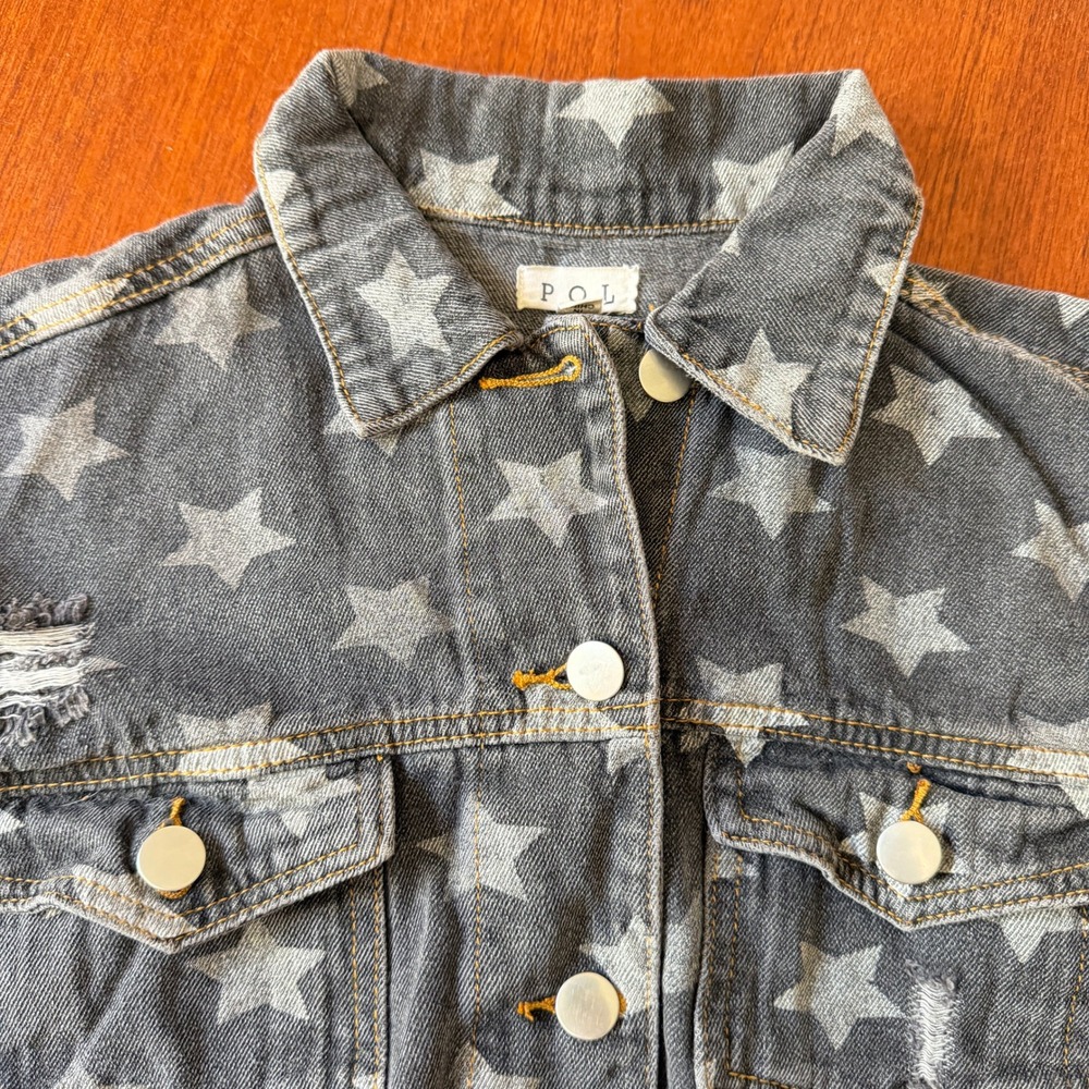 POL Star Print Distressed Denim Jacket M Faded Raw Hem Trucker Grunge Edgy
